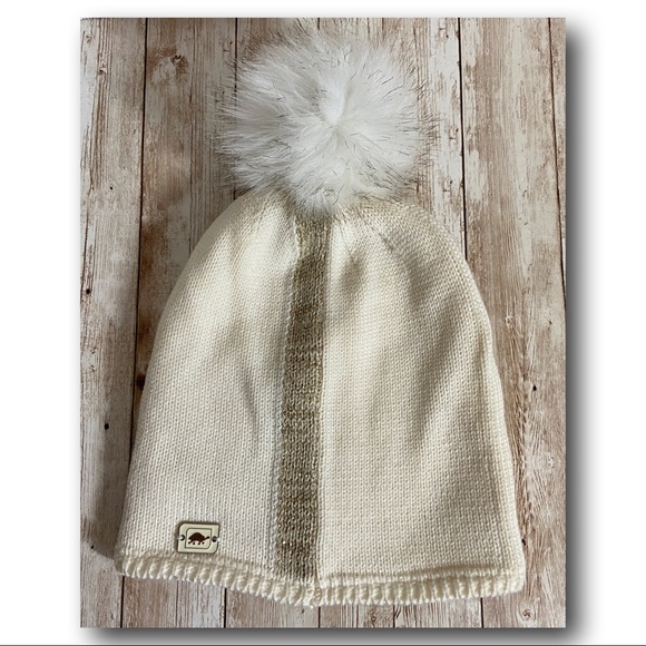Turtlefur Fleece Lined Hat Cream with Gold Stripe and PomPom Winter Bean… - Picture 1 of 10